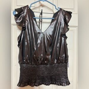 NWT Nine West sleeveless ruffle smocked hem top metallic gunmetal size M